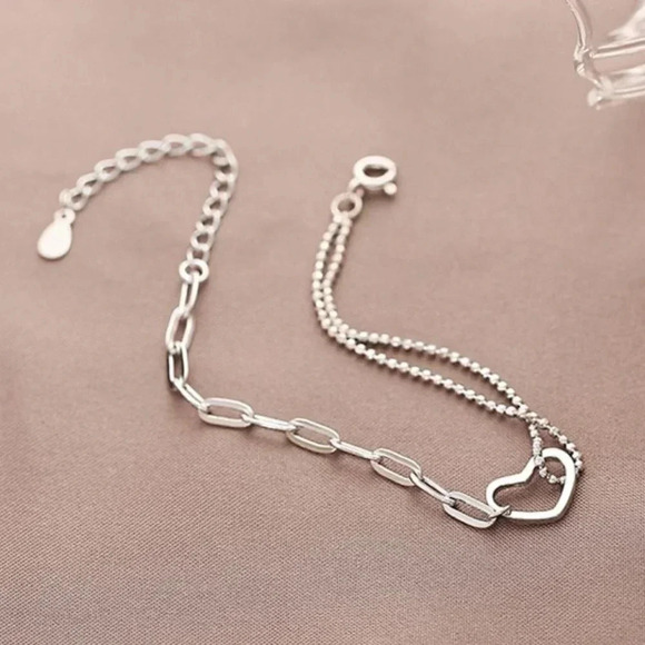 925 Sterling Silver Dainty Heart Bead Chain Link Bracelet - Picture 6 of 7